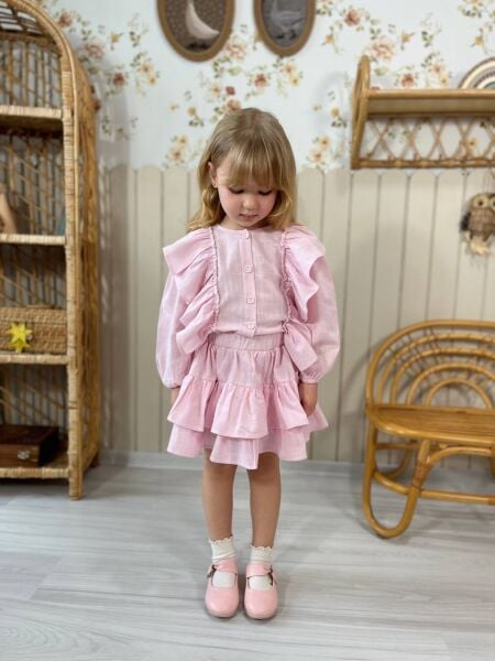 Fırfır detaylı keten takım pembe