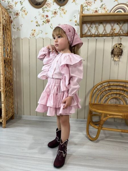 Fırfır detaylı keten takım pembe