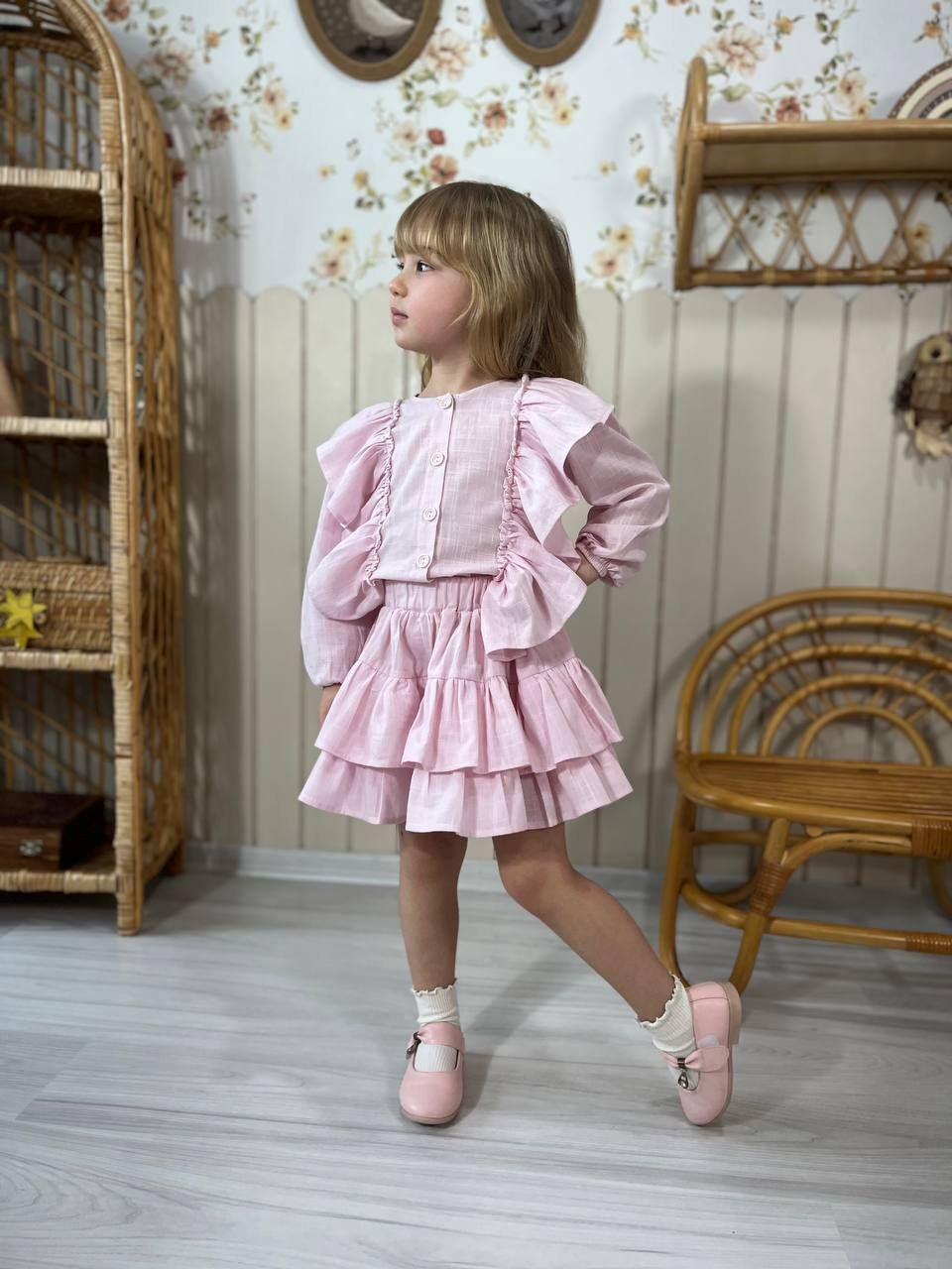 Fırfır detaylı keten takım pembe