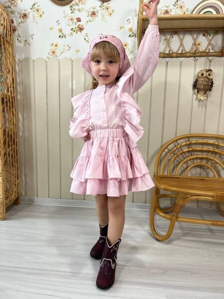 Fırfır detaylı keten takım pembe