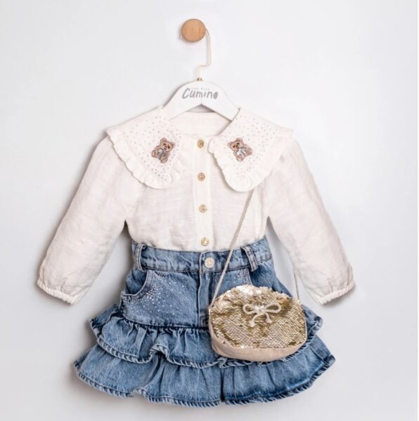 Bear yaka detaylı taşlı etek takım (çanta dahil)