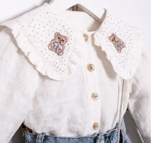 Bear yaka detaylı taşlı etek takım (çanta dahil)