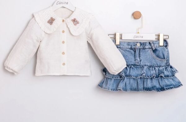 Bear yaka detaylı taşlı etek takım (çanta dahil)