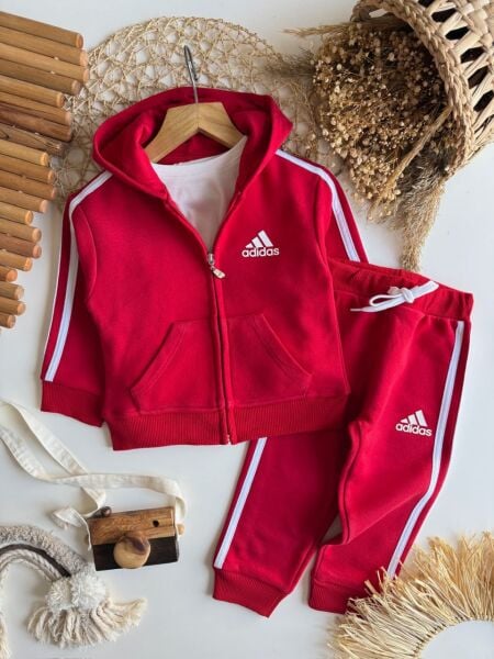 Fermuarlı kapşonlu basic takım kırmızı