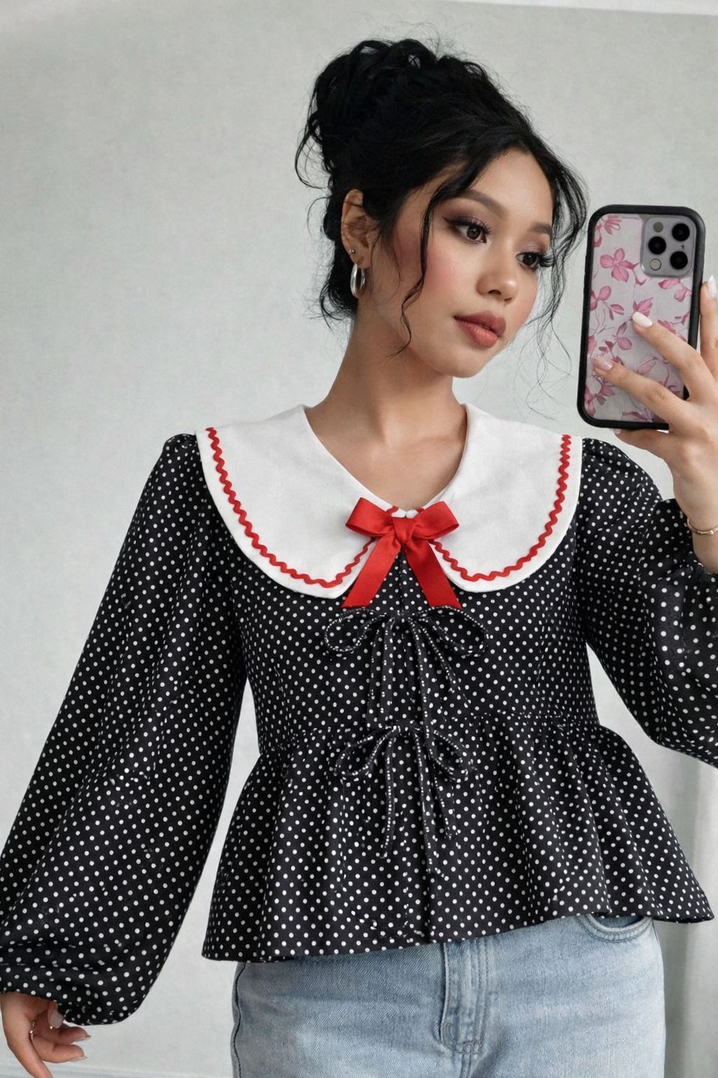 Puantiyeli yaka detaylı anne gömlek