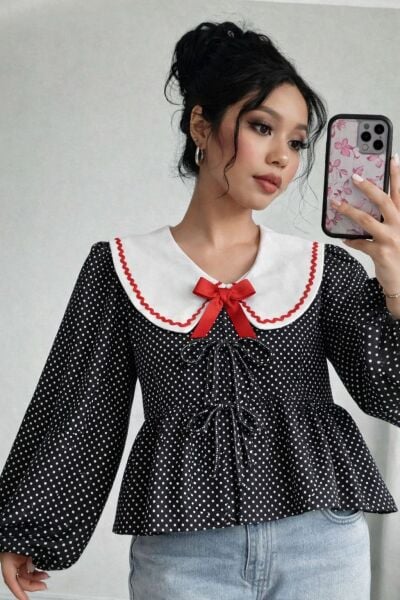 Puantiyeli yaka detaylı anne gömlek