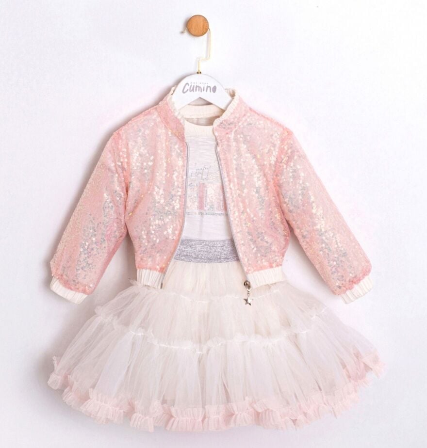 Payet ceket karnaval etek üçlü takım açık Pembe