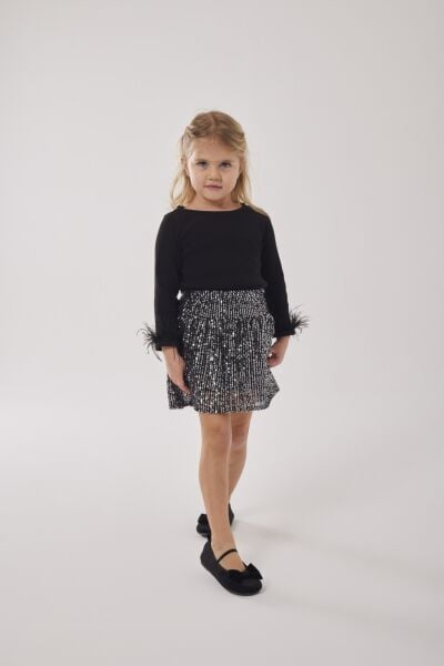 Payet etekli tüy detaylı takım siyah 7/8 yaş