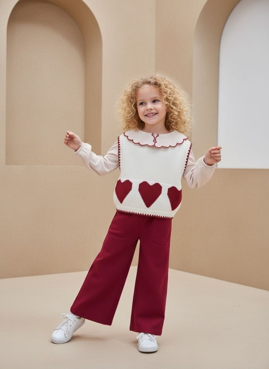 Kalp detaylı triko üçlü takım