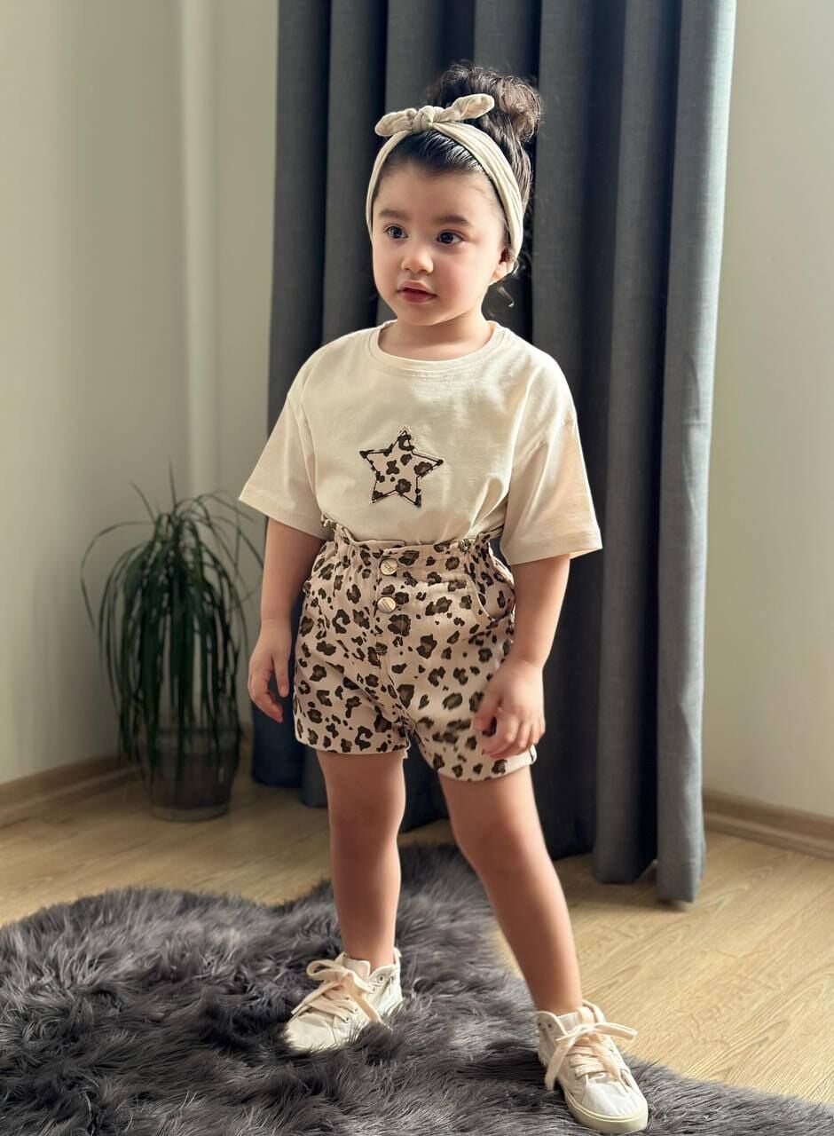 Leopar şort takım krem