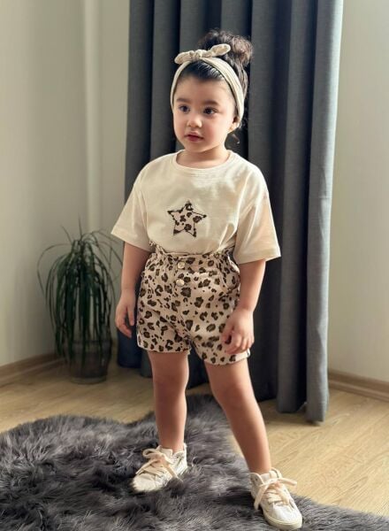 Leopar şort takım krem