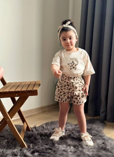 Leopar şort takım krem